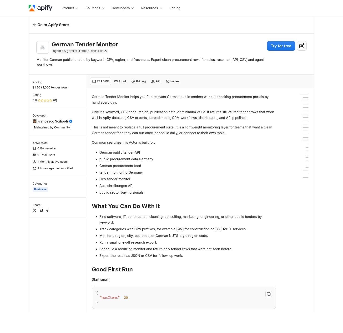 Screenshot der Apify Store-Seite für den German Tender Monitor
